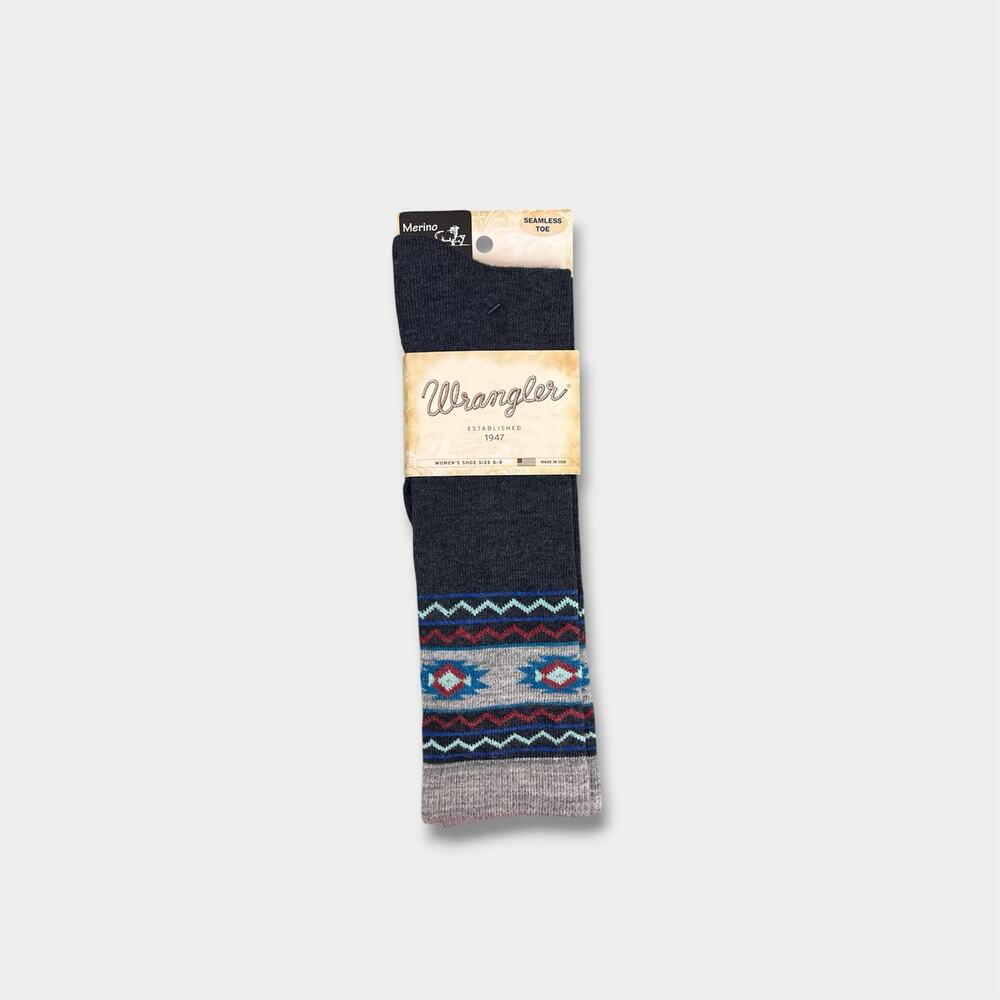 Wrangler Lightweight Merino Wool Blend Aztec Knee High Boot Socks Denim NWT
